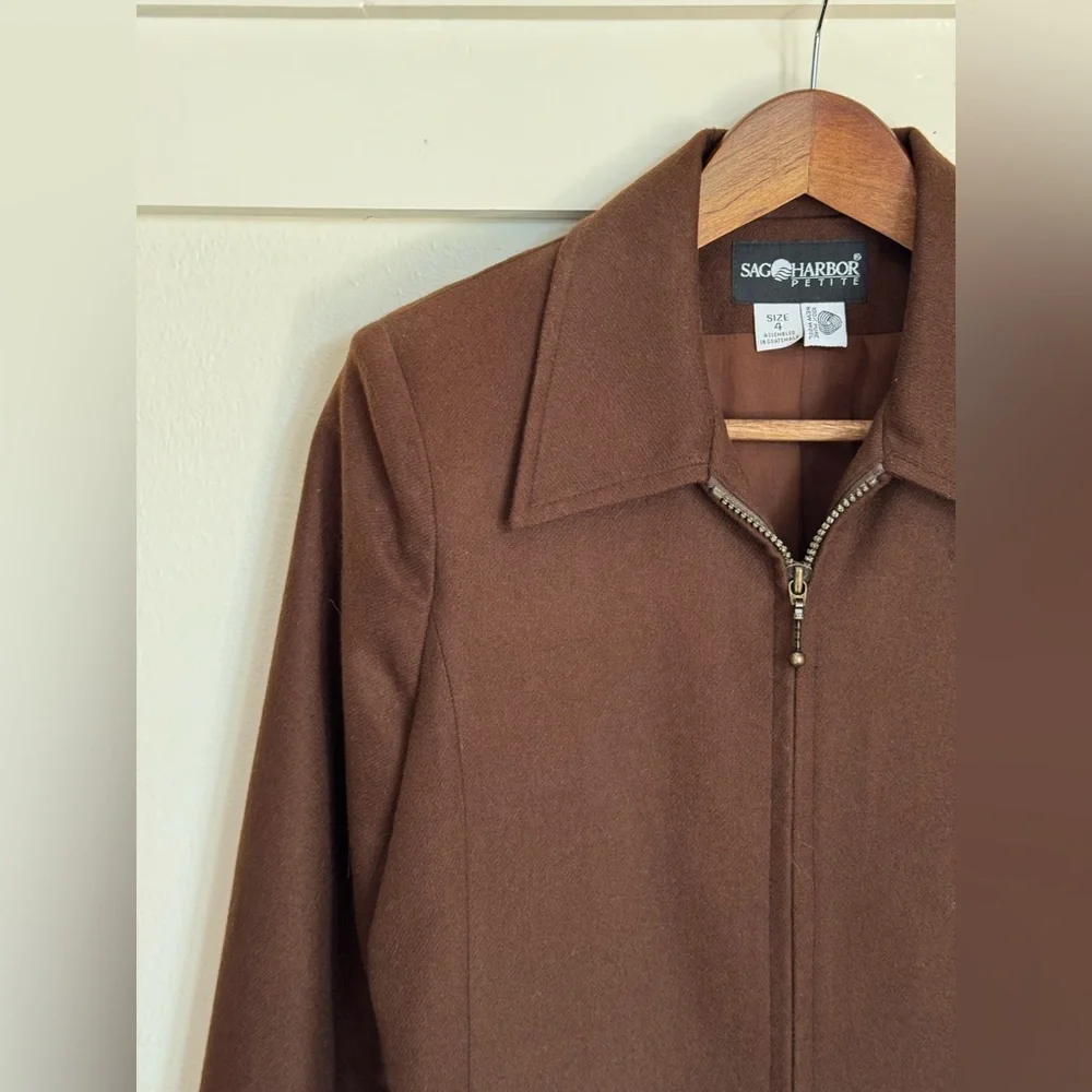 Sag Harbor Petite 100% Pure New Wool Zip-Up Jacket Brown 4 Vintage Minimalist
